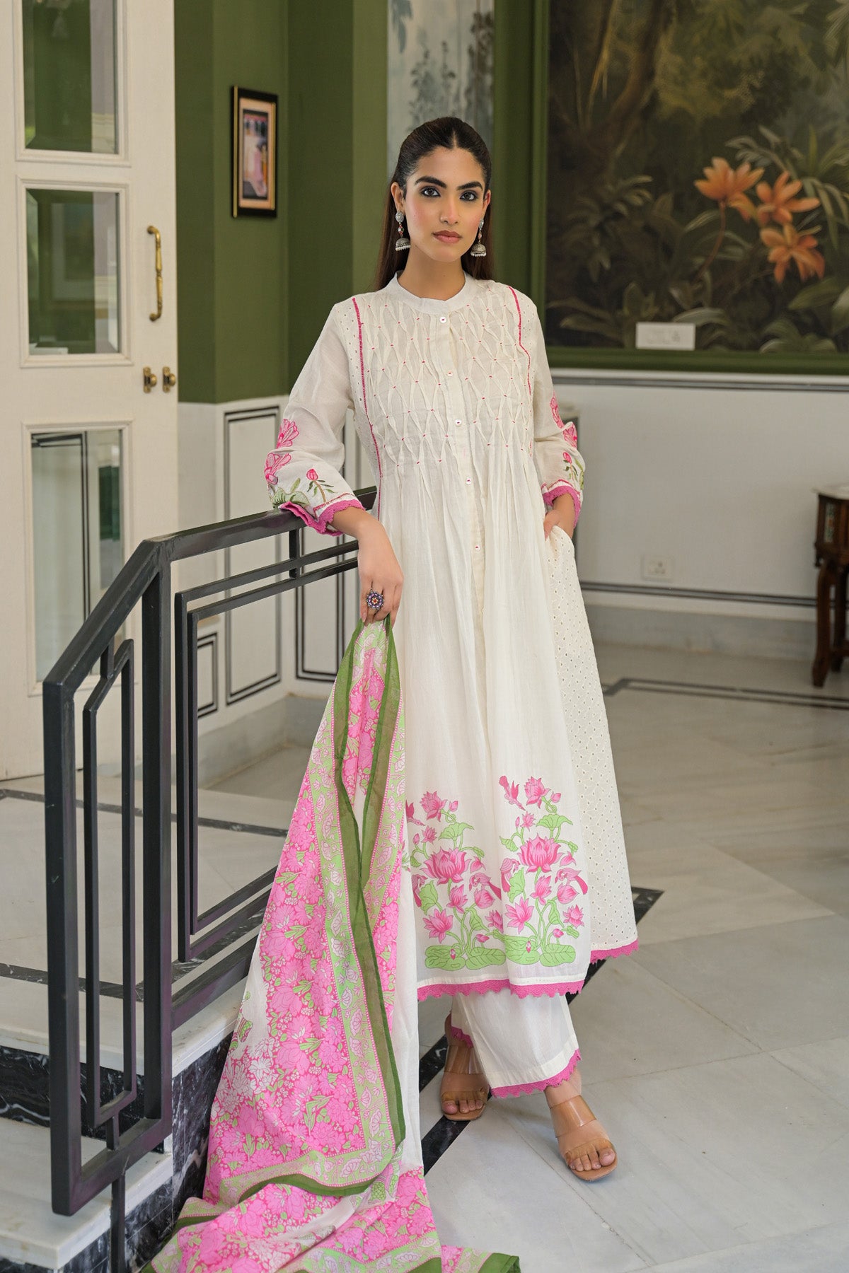 Pink Mul Mul Printed Anarkali Suit Set With Dupatta