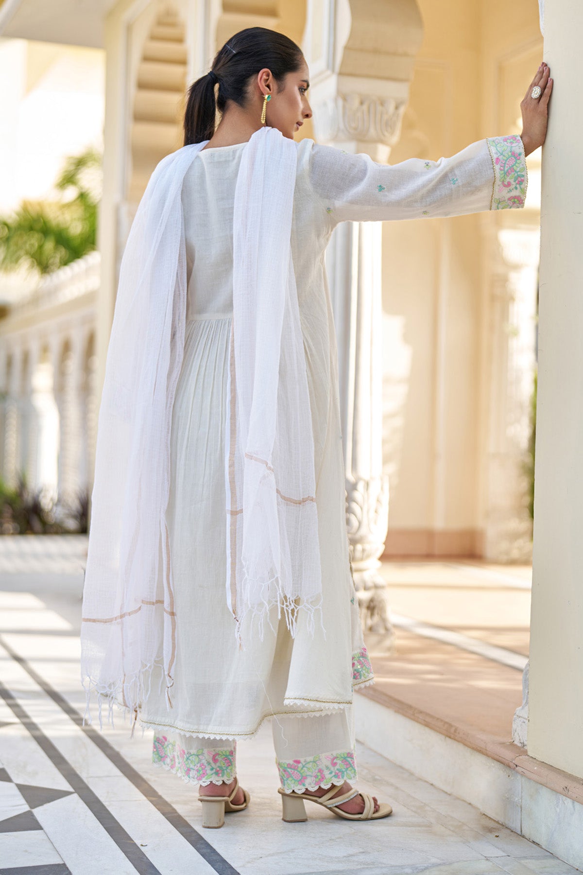 White Mul Mul Embroidered Anarkali Suit Set With Dupatta