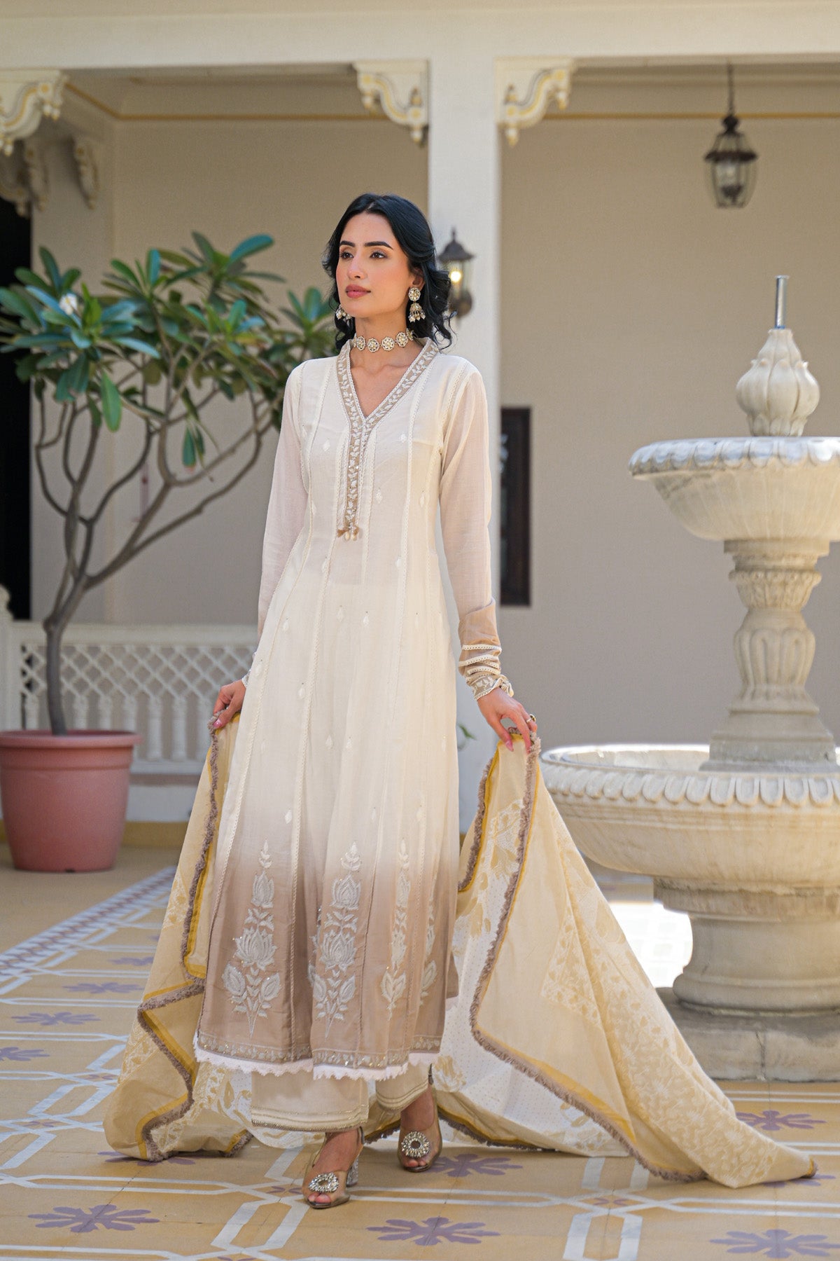 Off White Mul Mul Embroidered Anarkali Suit Set With Dupatta