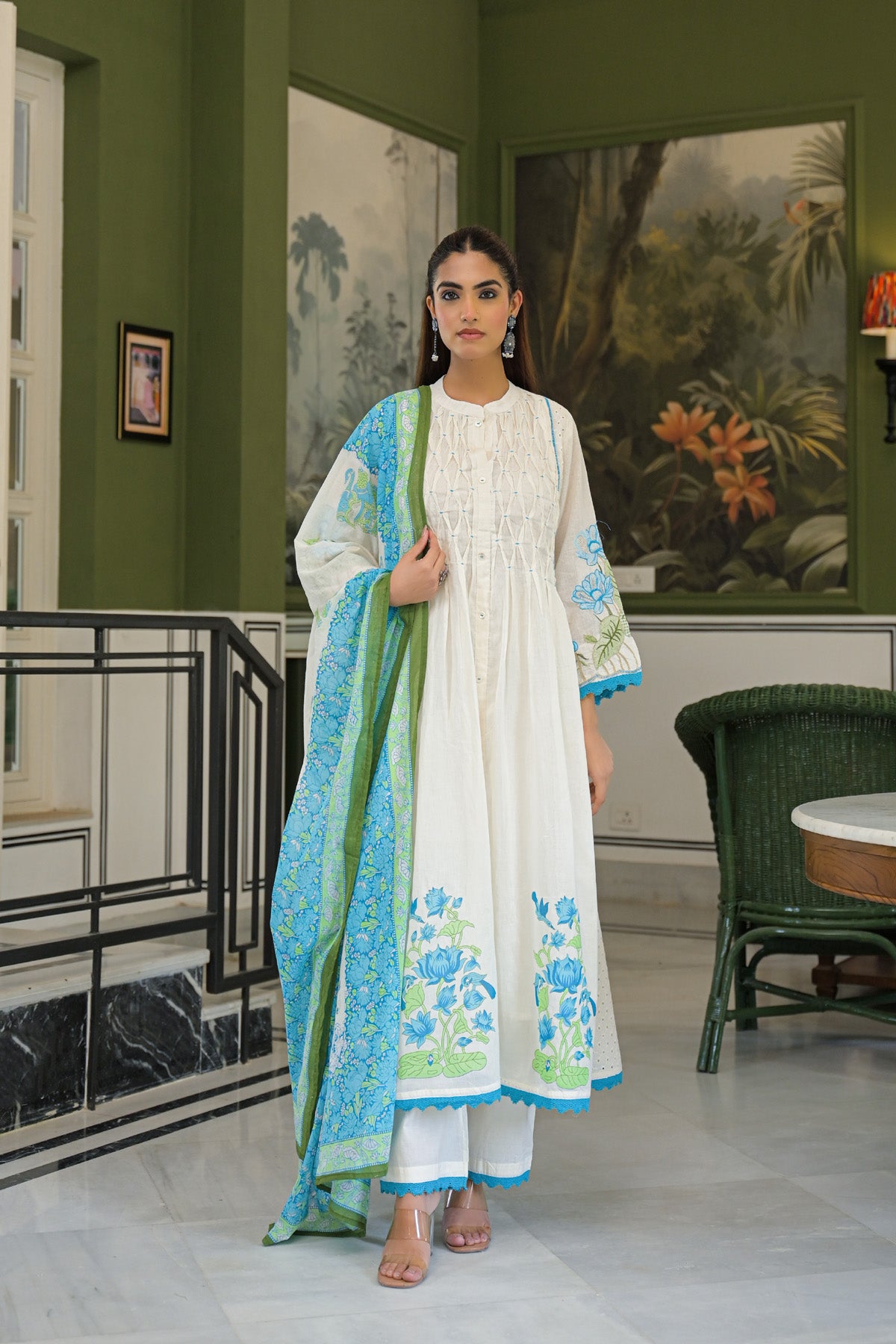 Turquoise Mul Mul Printed Anarkali Suit Set With Dupatta