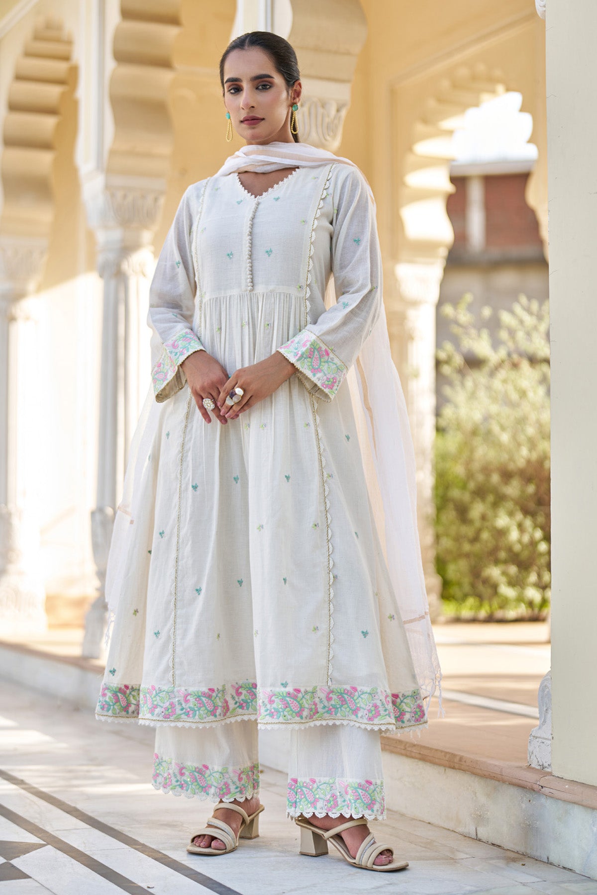 White Mul Mul Embroidered Anarkali Suit Set With Dupatta