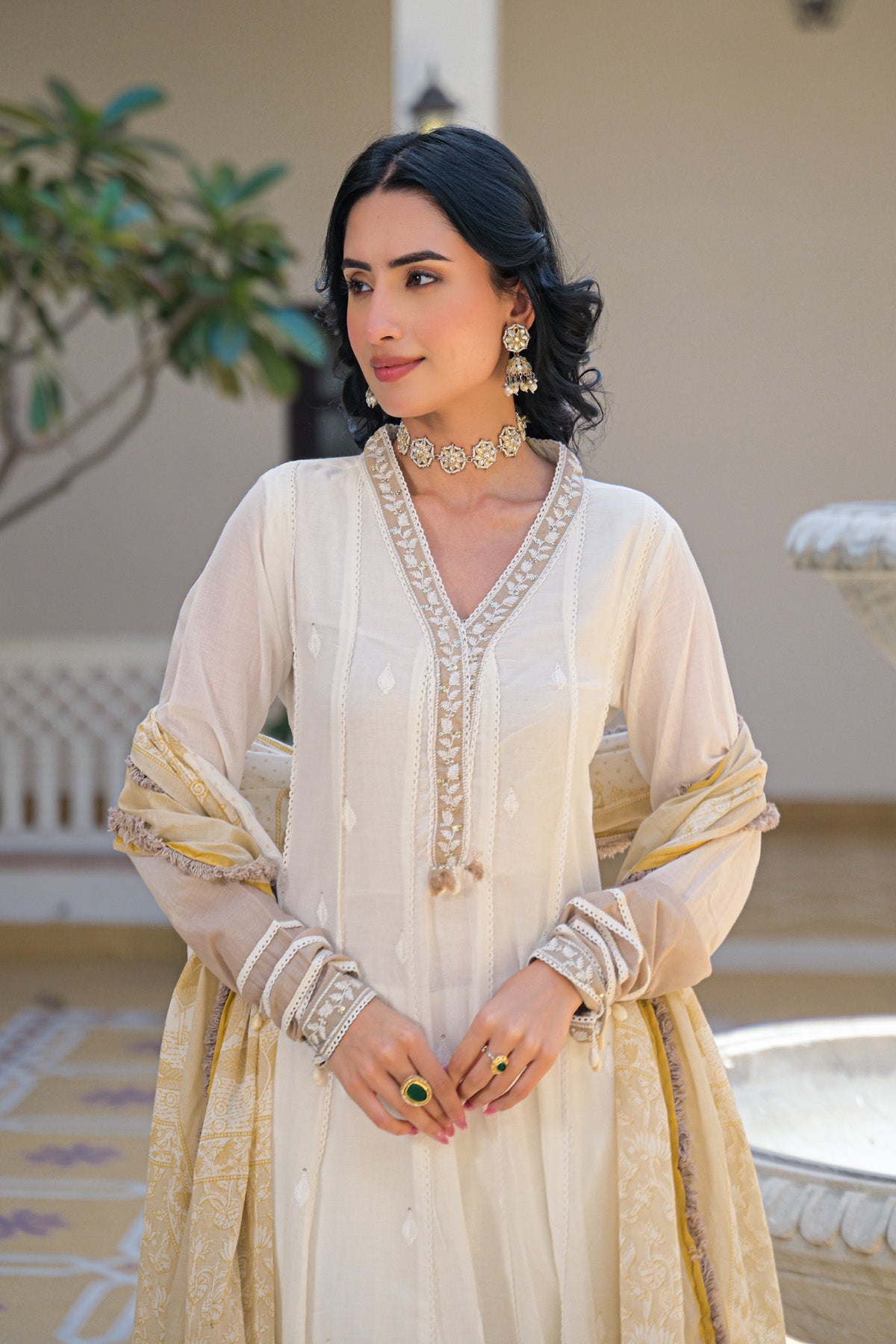 Off White Mul Mul Embroidered Anarkali Suit Set With Dupatta