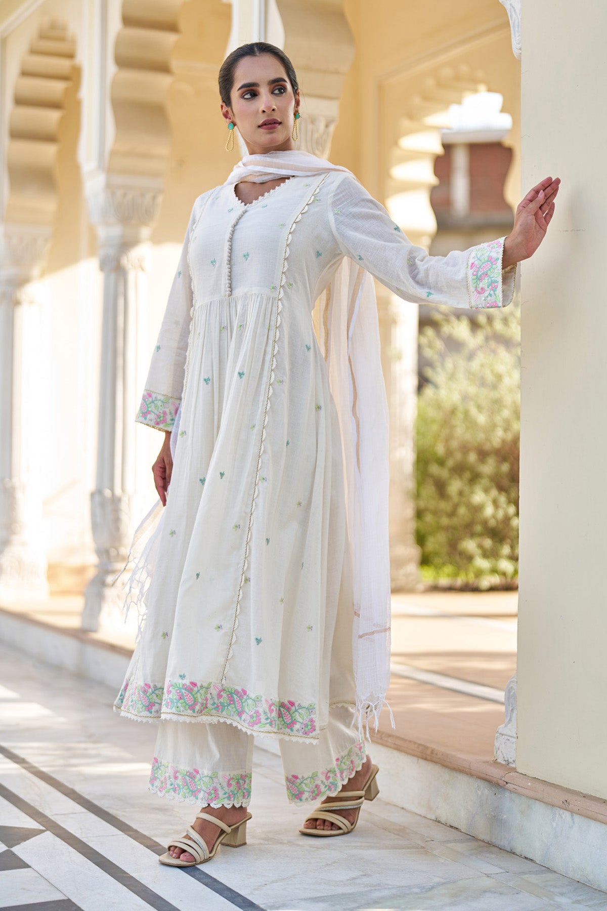 White Mul Mul Embroidered Anarkali Suit Set With Dupatta