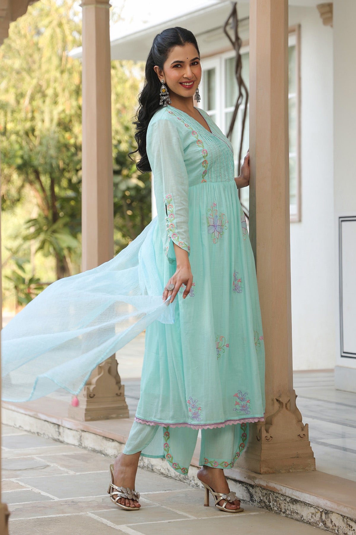 Sky Blue Mul Mul Embroidered Anarkali Suit Set With Dupatta