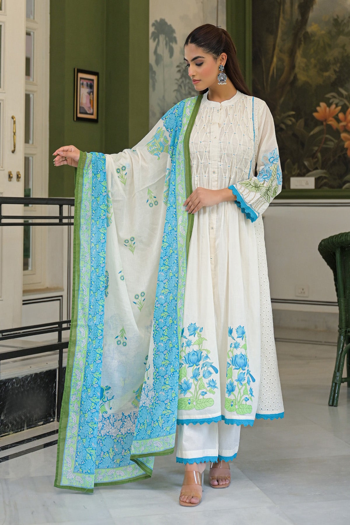Turquoise Mul Mul Printed Anarkali Suit Set With Dupatta
