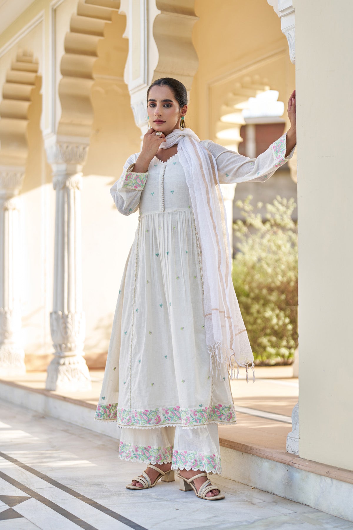 White Mul Mul Embroidered Anarkali Suit Set With Dupatta