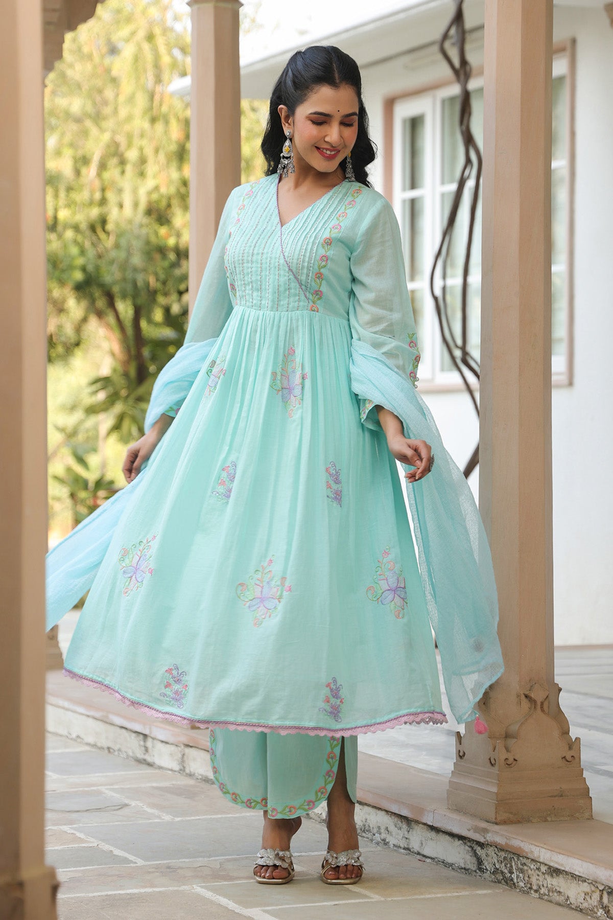 Sky Blue Mul Mul Embroidered Anarkali Suit Set With Dupatta
