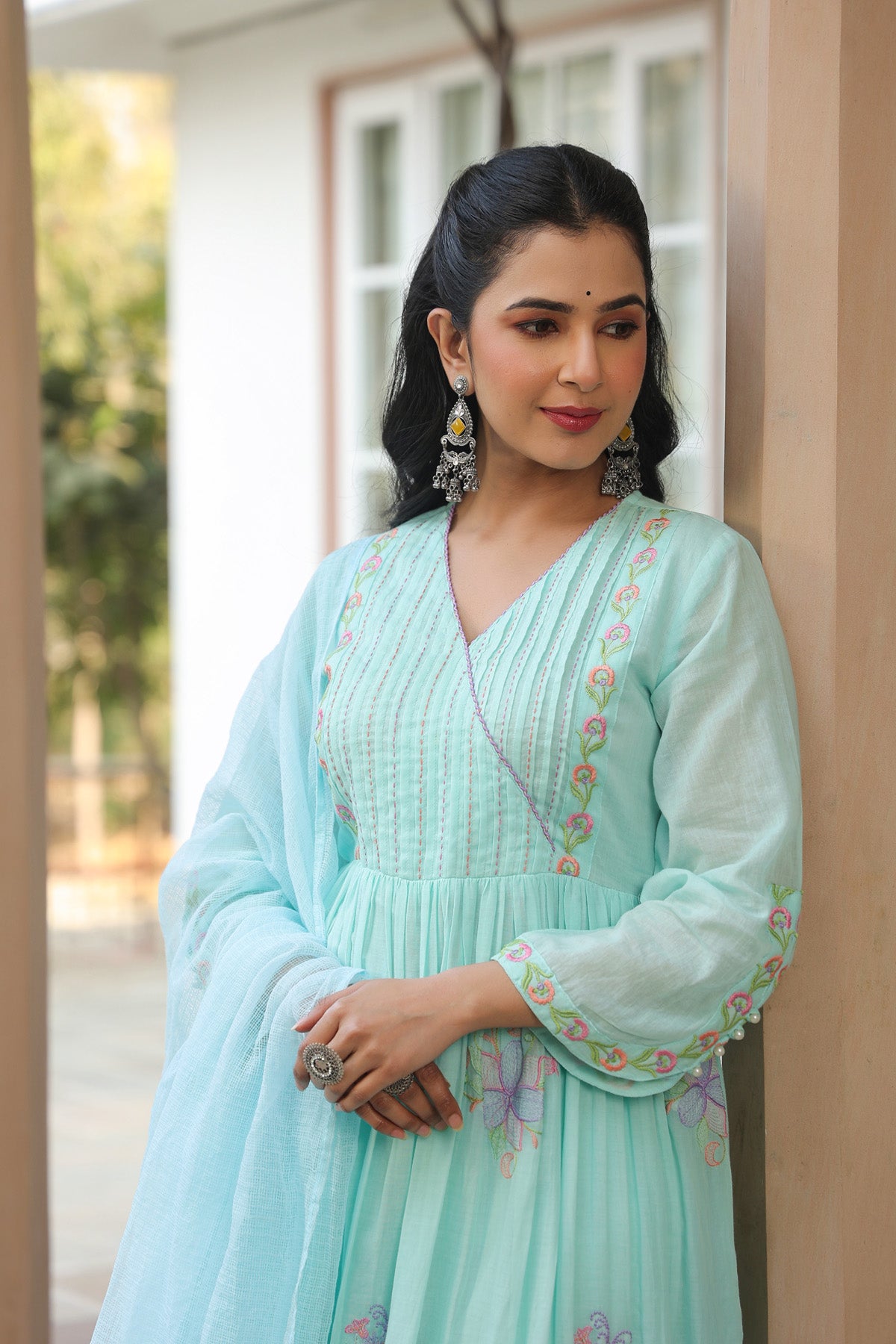 Sky Blue Mul Mul Embroidered Anarkali Suit Set With Dupatta