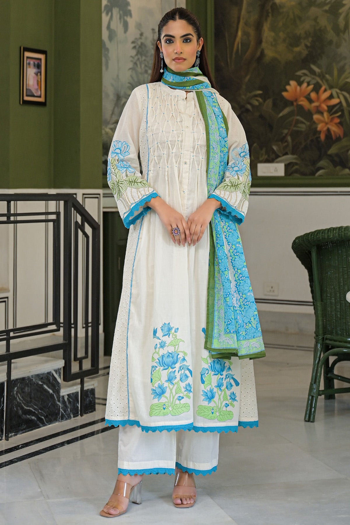 Turquoise Mul Mul Printed Anarkali Suit Set With Dupatta
