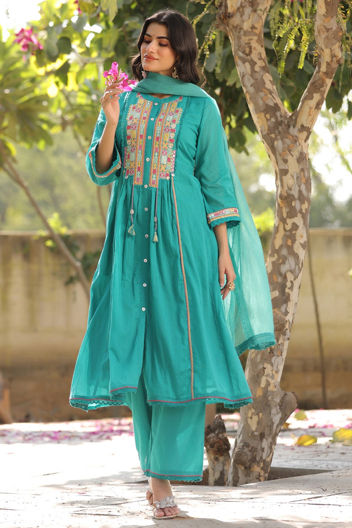 Turquoise Blue Mul Mul Embroidered Anarkali Suit Set With Dupatta