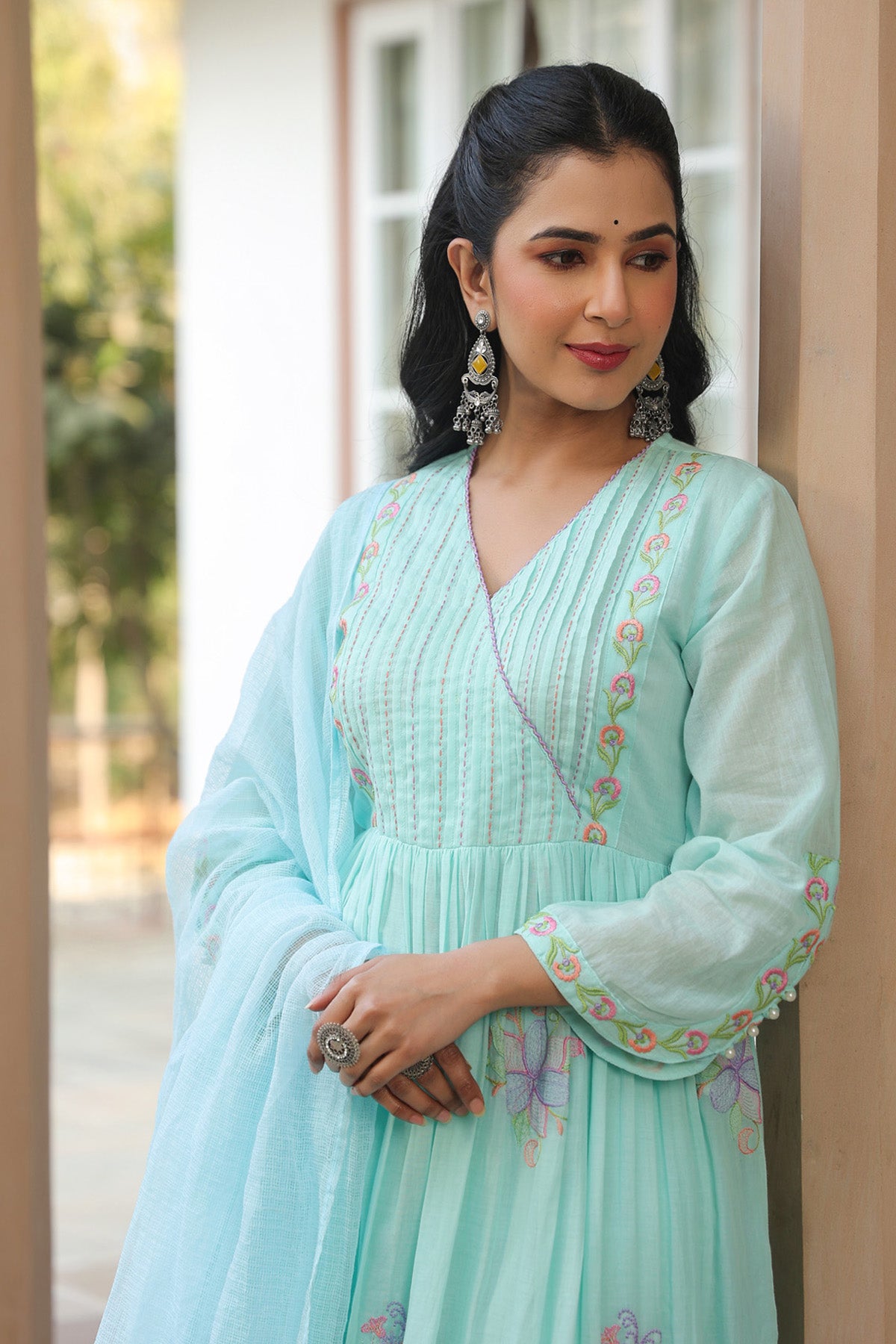 Sky Blue Mul Mul Embroidered Anarkali Suit Set With Dupatta