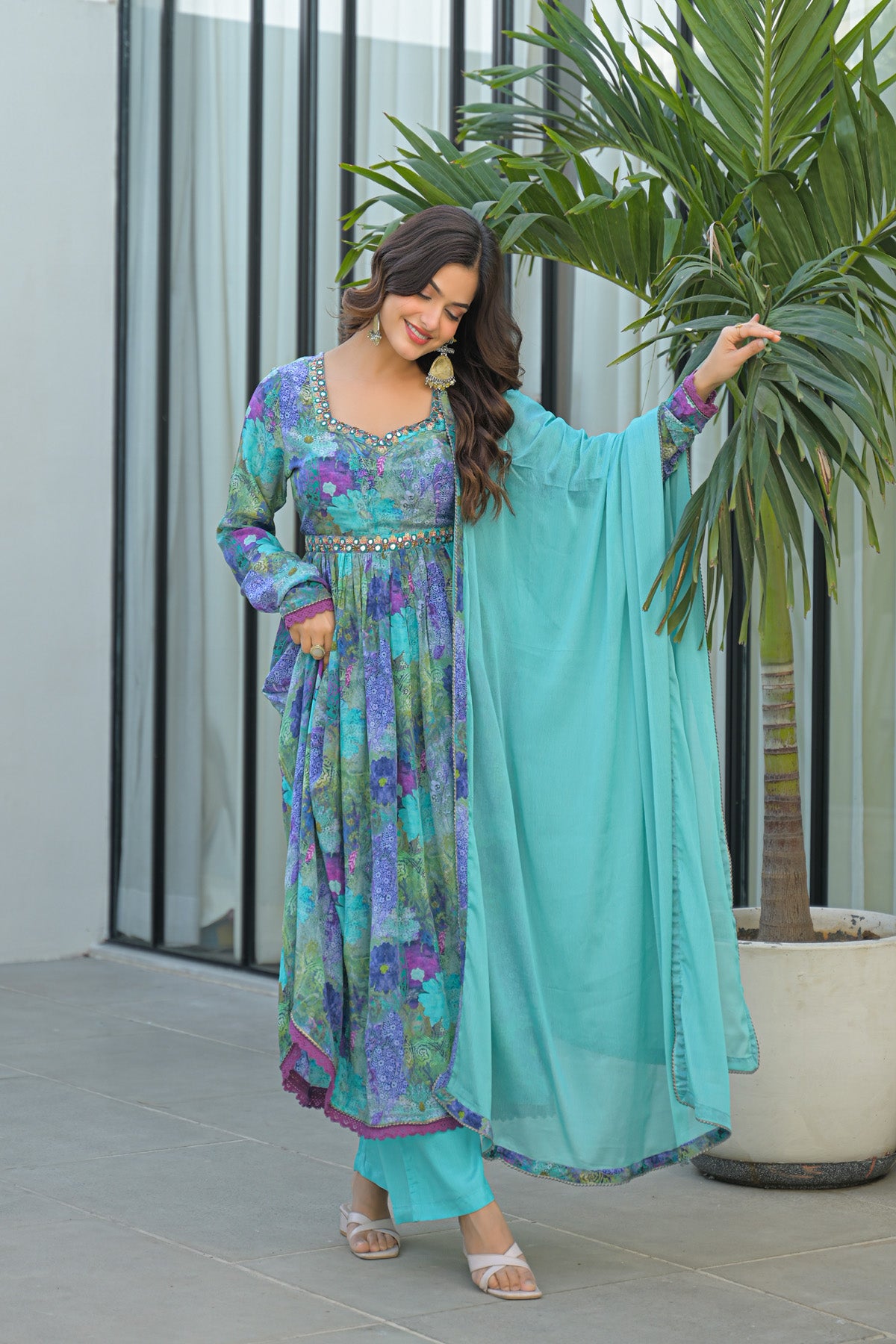 Blue Chinon Silk Handwork Anarkali Suit Set With Dupatta