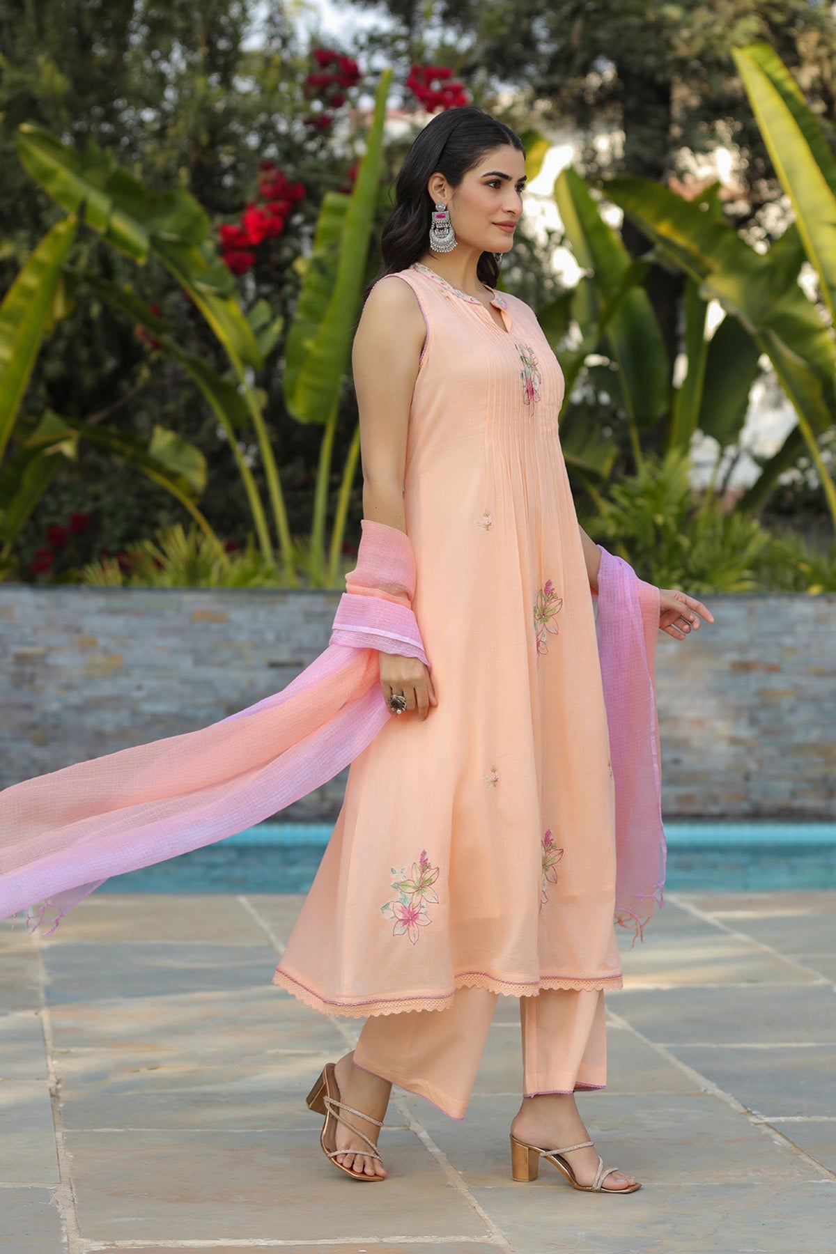 Peach Mul Mul Embroidered Anarkali Suit Set With Dupatta