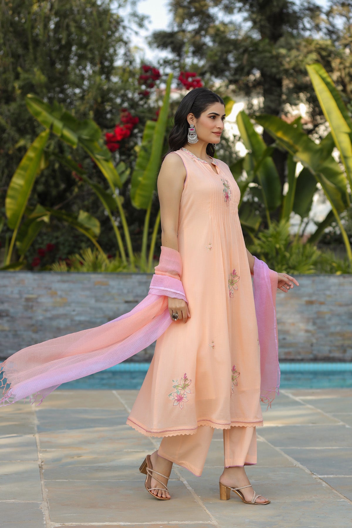 Peach Mul Mul Embroidered Anarkali Suit Set With Dupatta