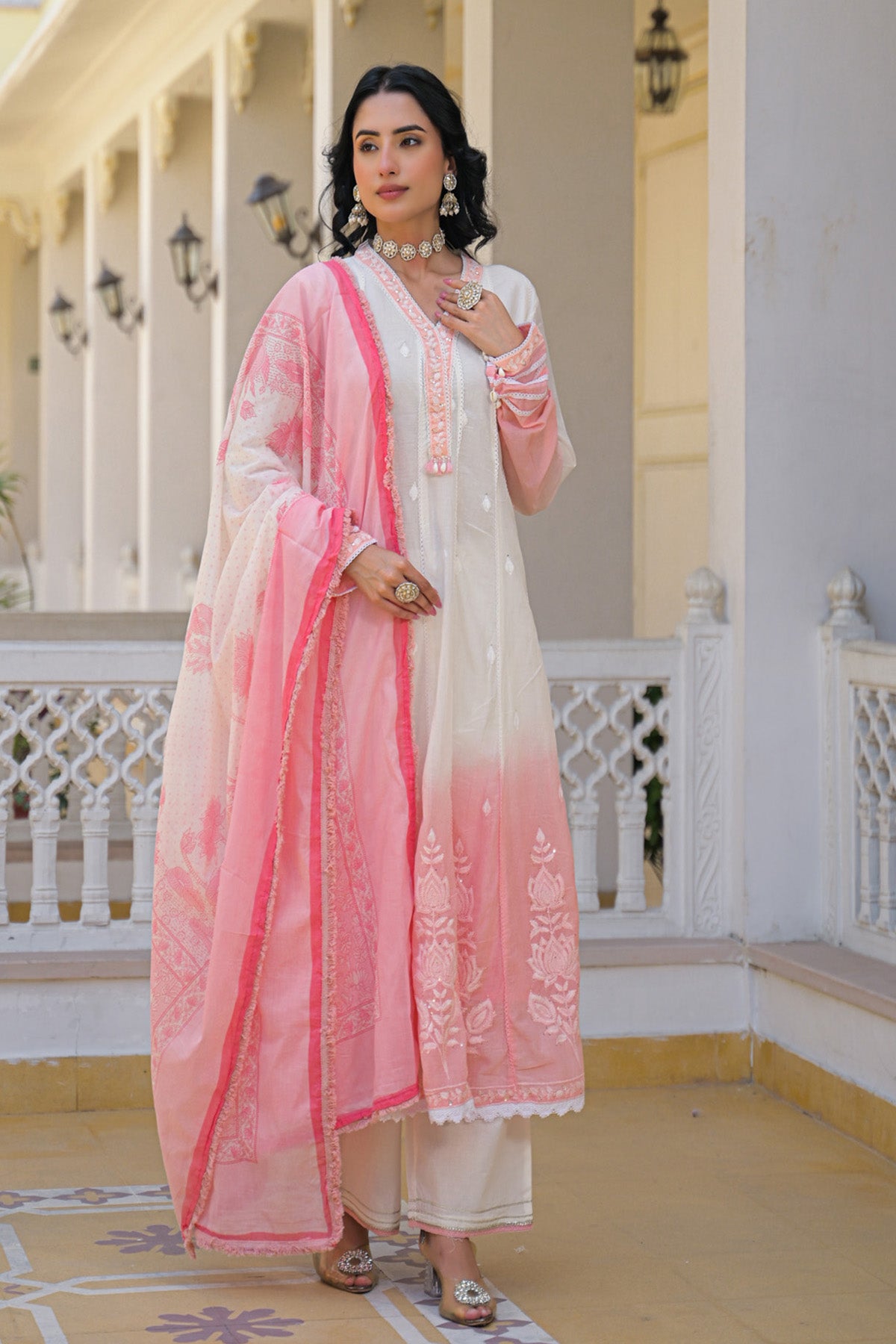 Pink Mul Mul Embroidered Anarkali Suit Set With Dupatta