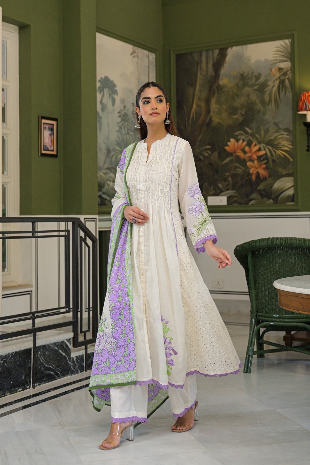 Purple Mul Mul Embroidered Anarkali Suit Set With Dupatta