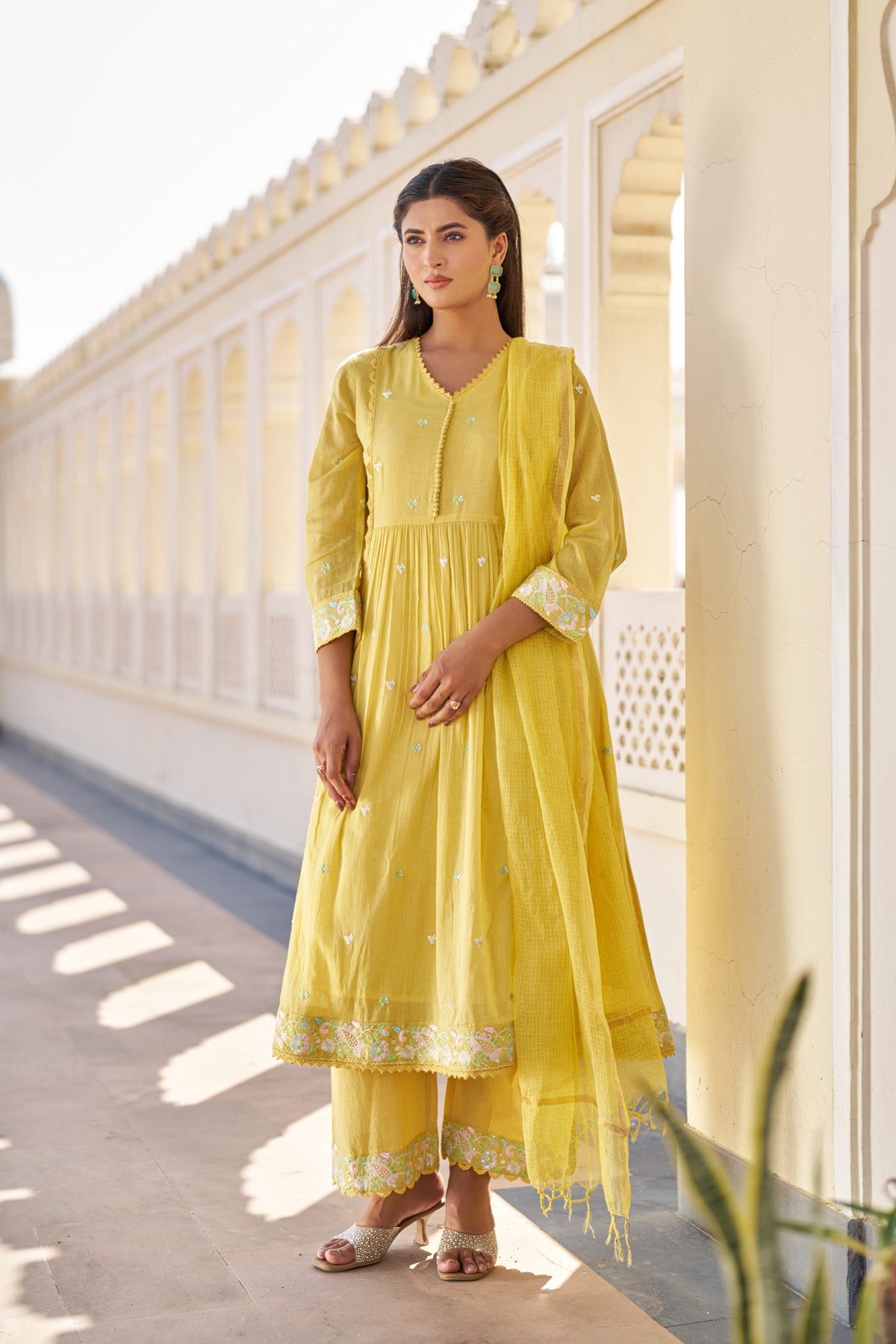 Yellow Mul Mul Embroidered Anarkali Suit Set With Dupatta