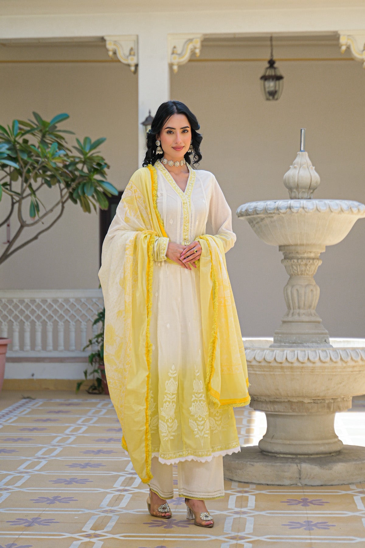 Yellow Mul Mul Embroidered Anarkali Suit Set With Dupatta