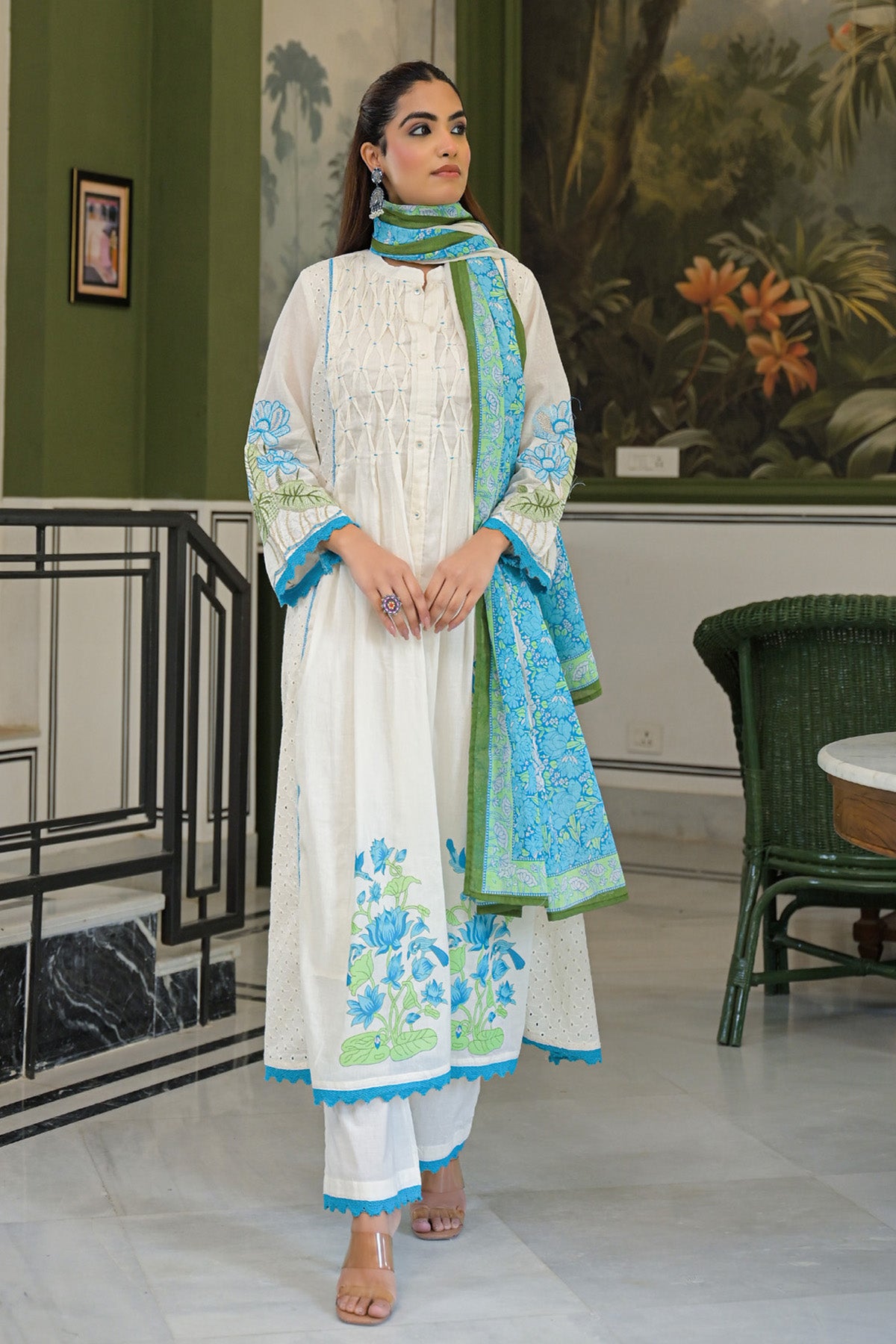 Turquoise Mul Mul Printed Anarkali Suit Set With Dupatta