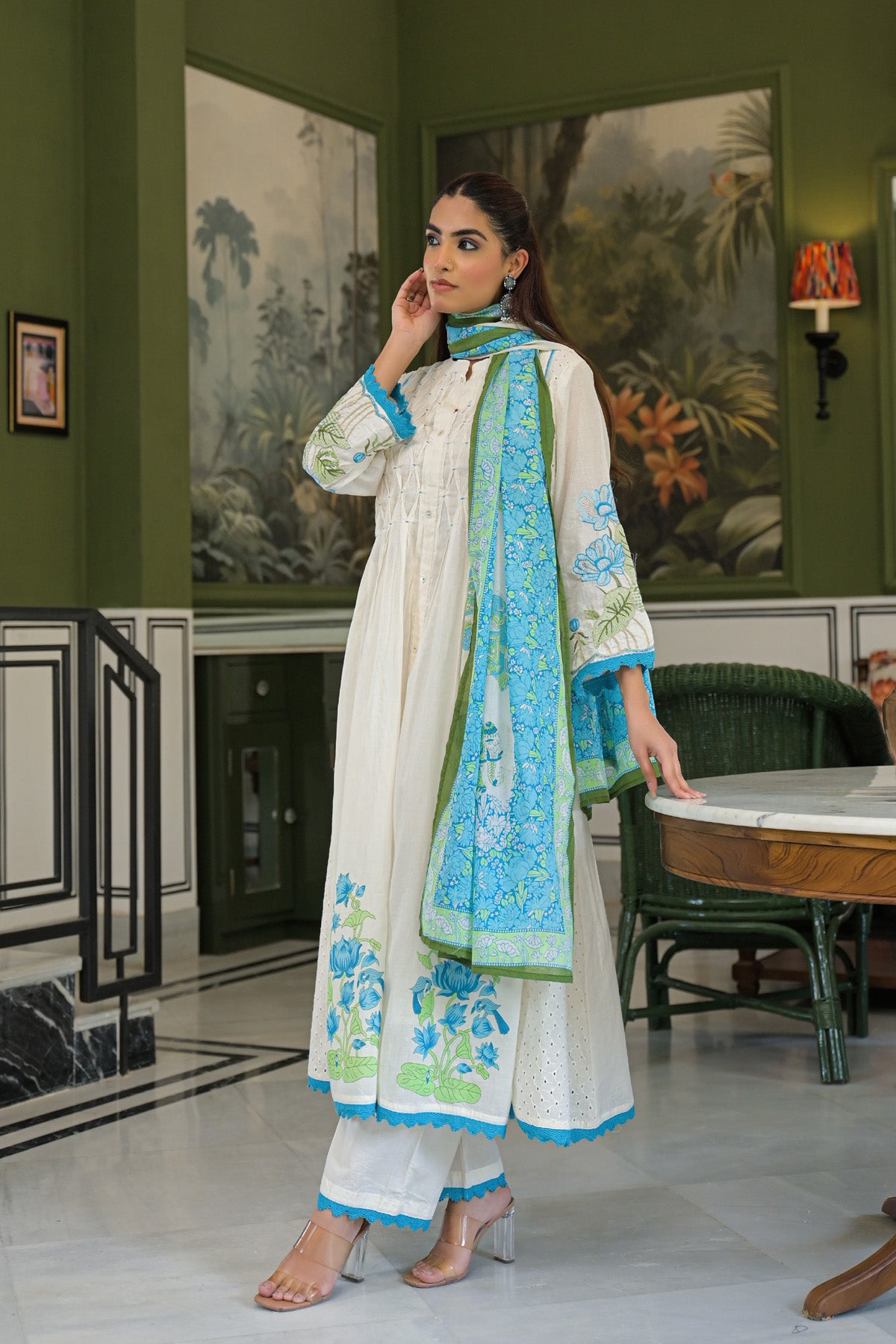 Turquoise Mul Mul Printed Anarkali Suit Set With Dupatta