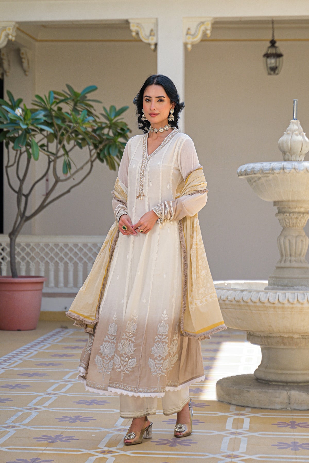 Off White Mul Mul Embroidered Anarkali Suit Set With Dupatta