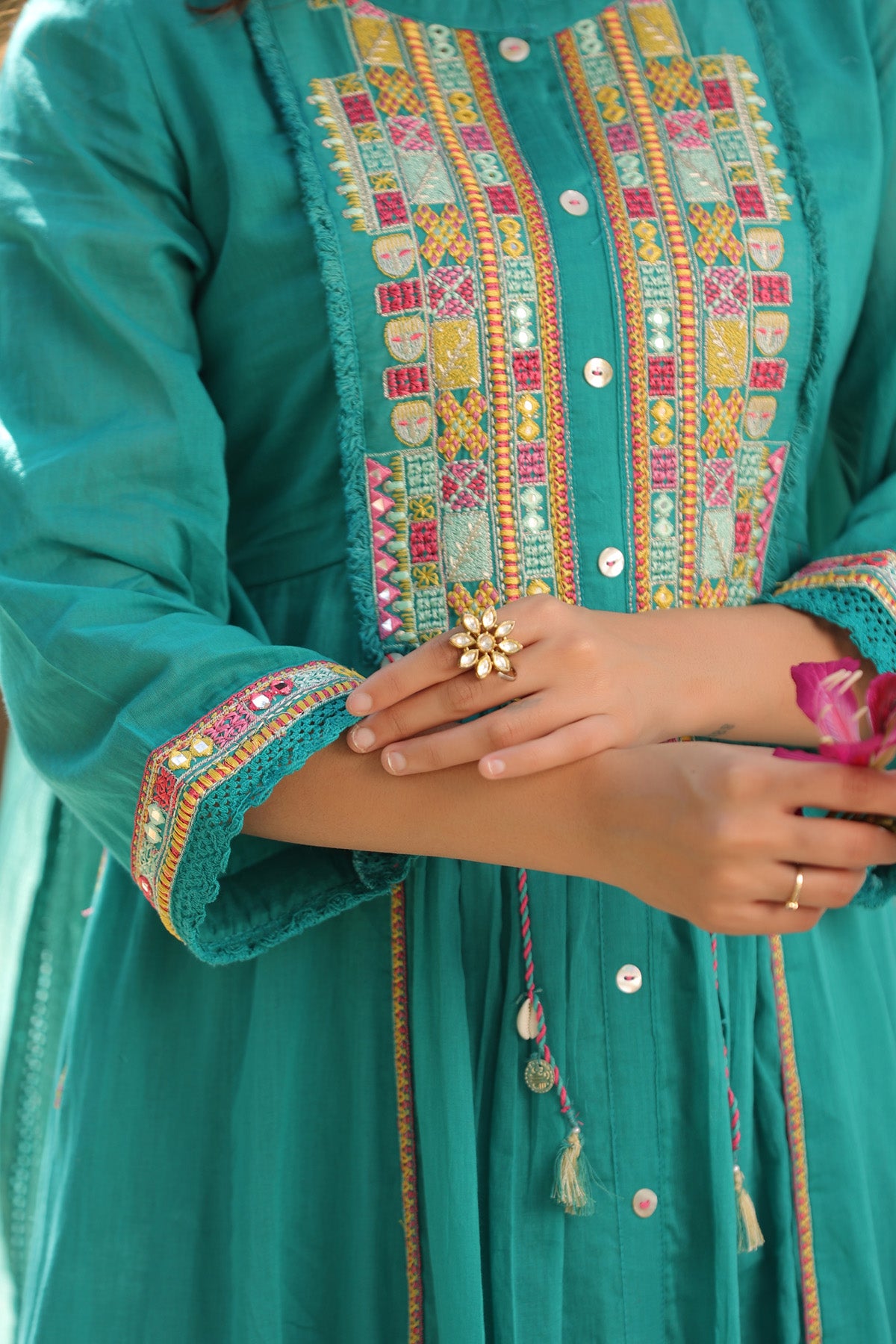 Turquoise Blue Mul Mul Embroidered Anarkali Suit Set With Dupatta