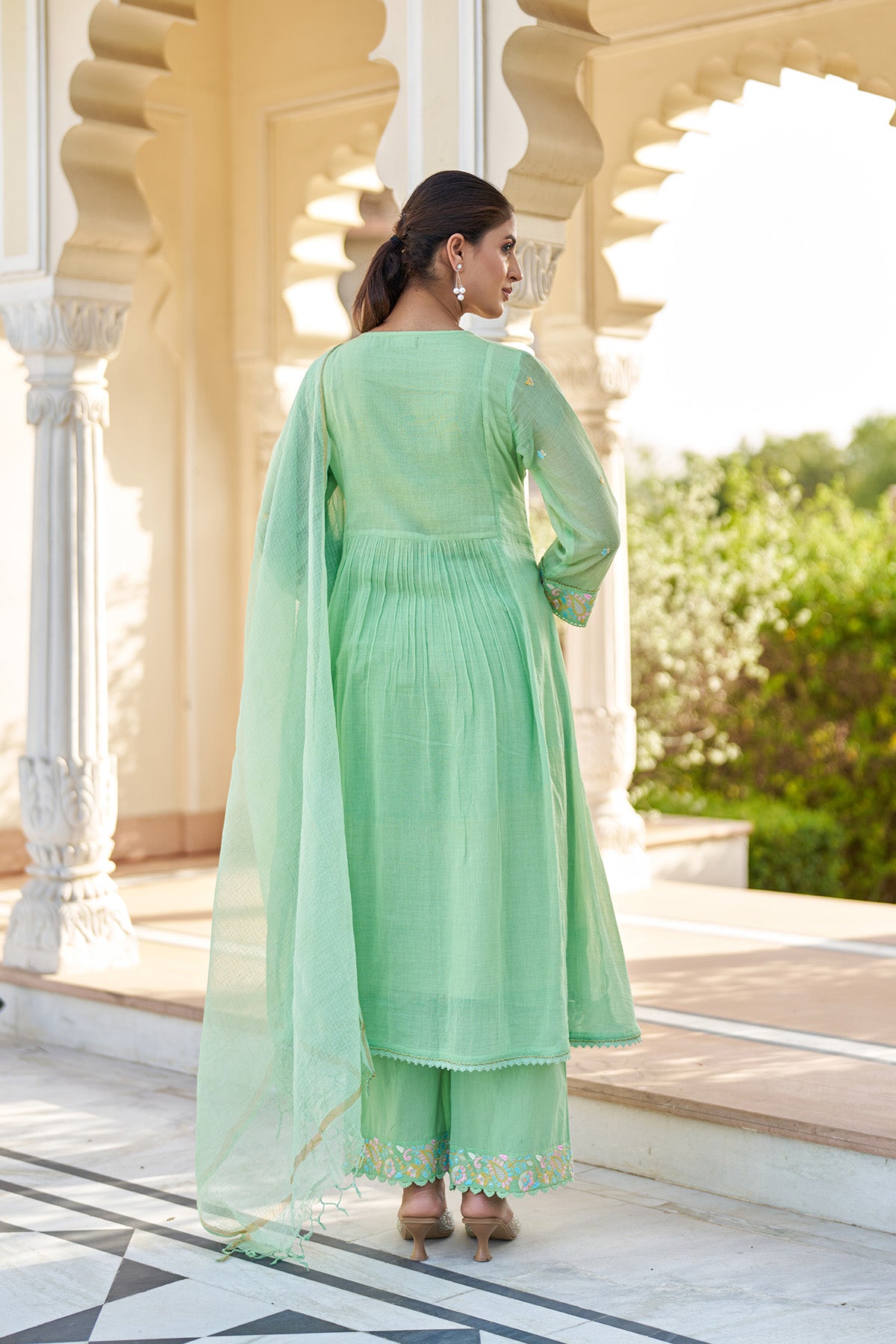 Green Mul Mul Embroidered Anarkali Suit Set With Dupatta