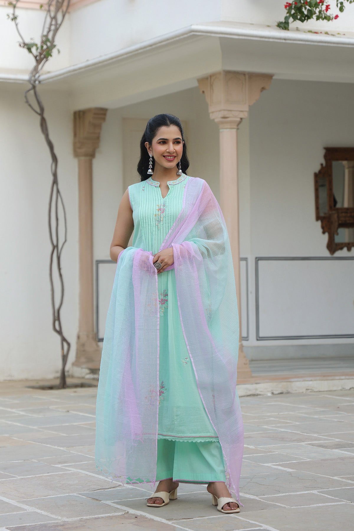 Mint Green Mul Mul Embroidered Anarkali Suit Set With Dupatta