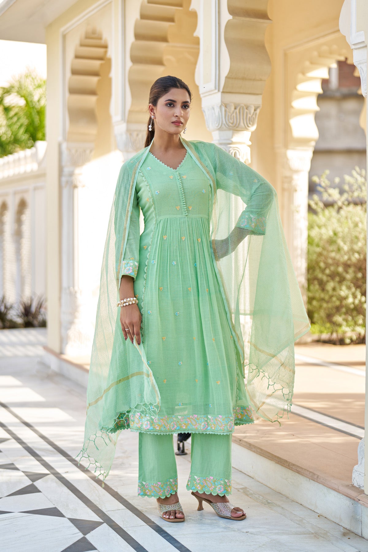 Green Mul Mul Embroidered Anarkali Suit Set With Dupatta