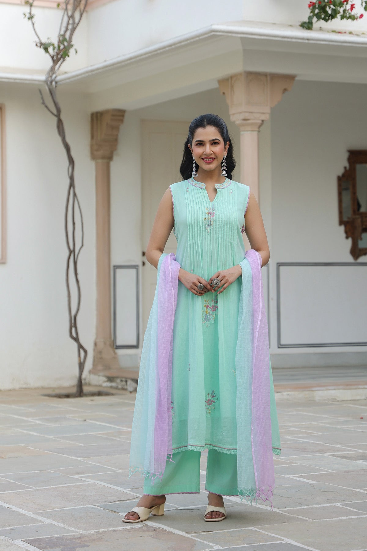 Mint Green Mul Mul Embroidered Anarkali Suit Set With Dupatta