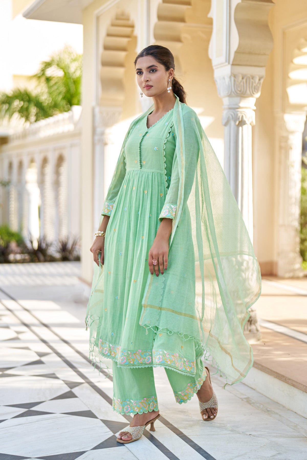Green Mul Mul Embroidered Anarkali Suit Set With Dupatta