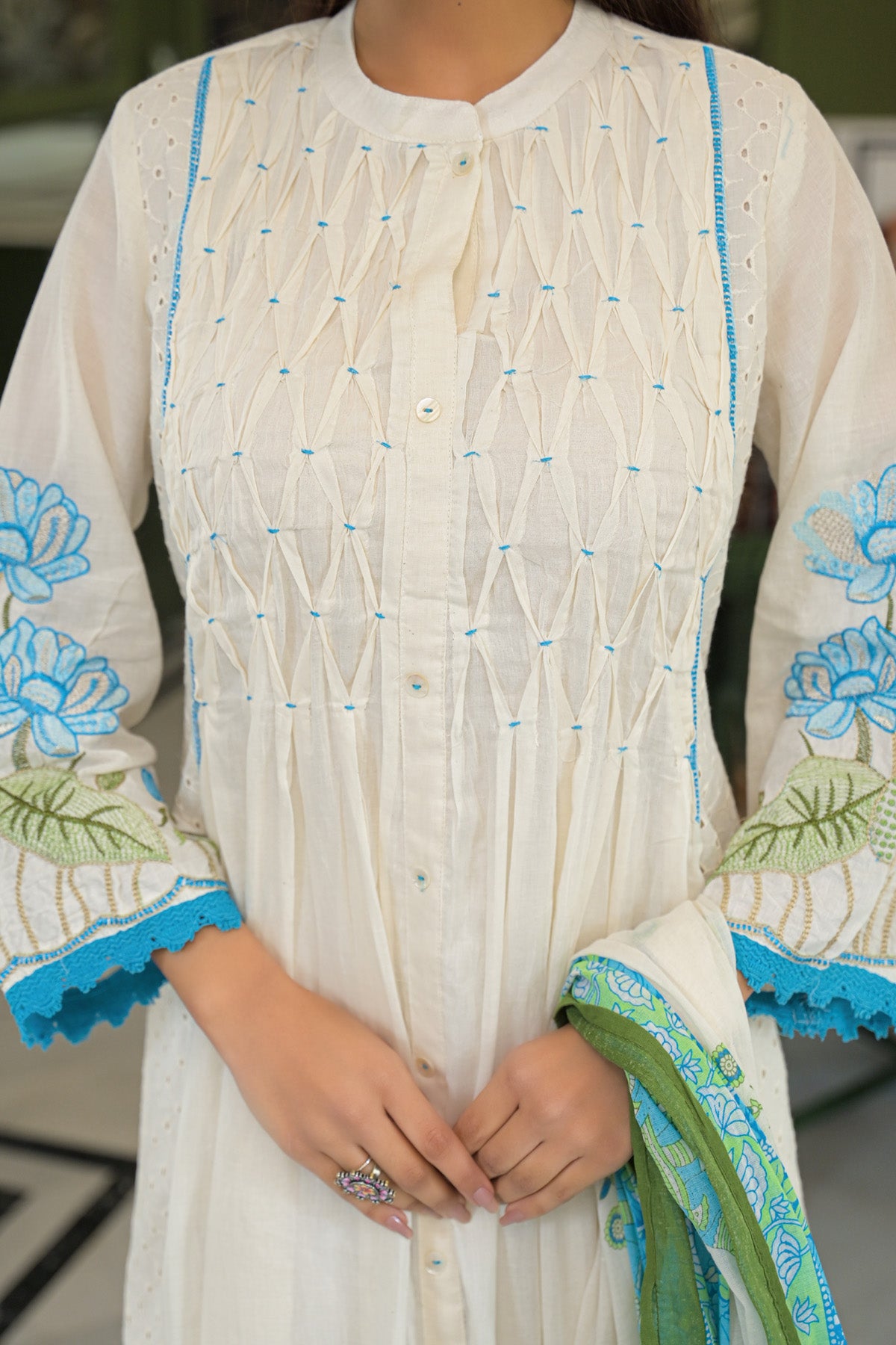 Turquoise Mul Mul Printed Anarkali Suit Set With Dupatta