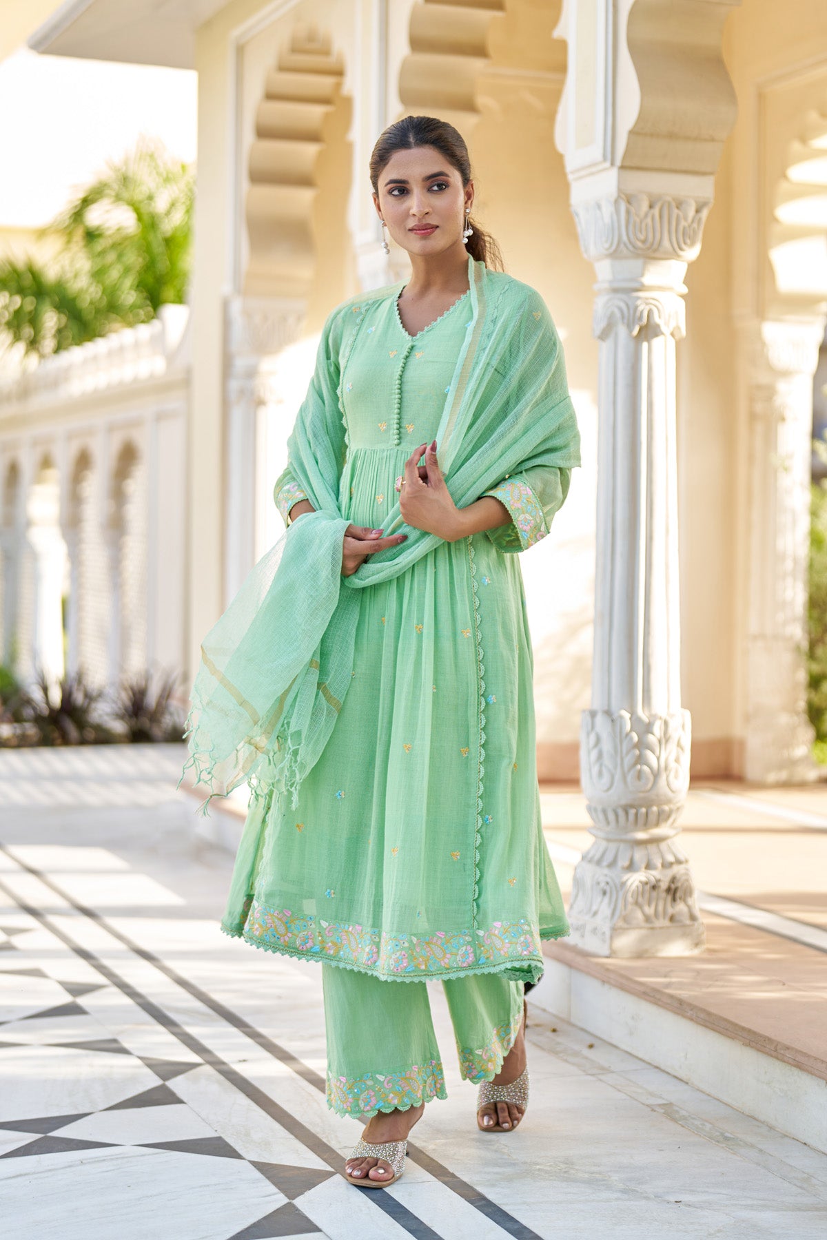 Green Mul Mul Embroidered Anarkali Suit Set With Dupatta