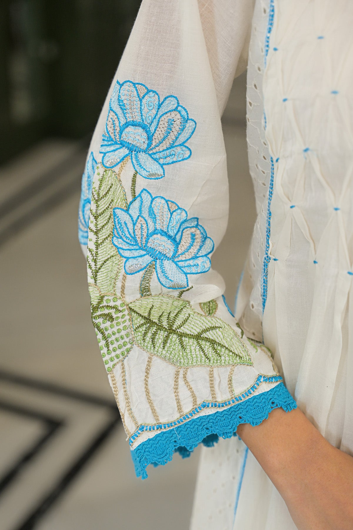 Turquoise Mul Mul Printed Anarkali Suit Set With Dupatta