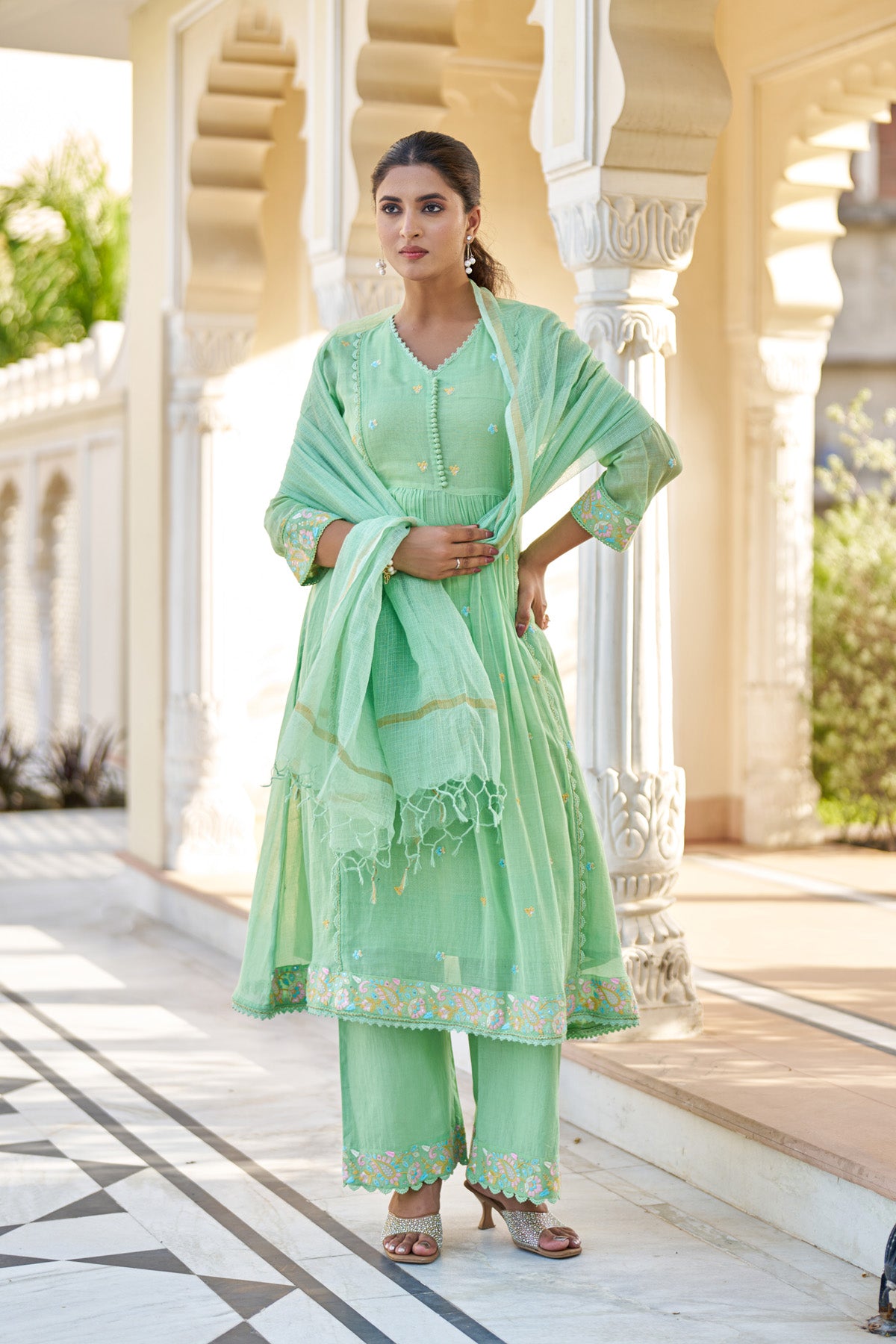 Green Mul Mul Embroidered Anarkali Suit Set With Dupatta