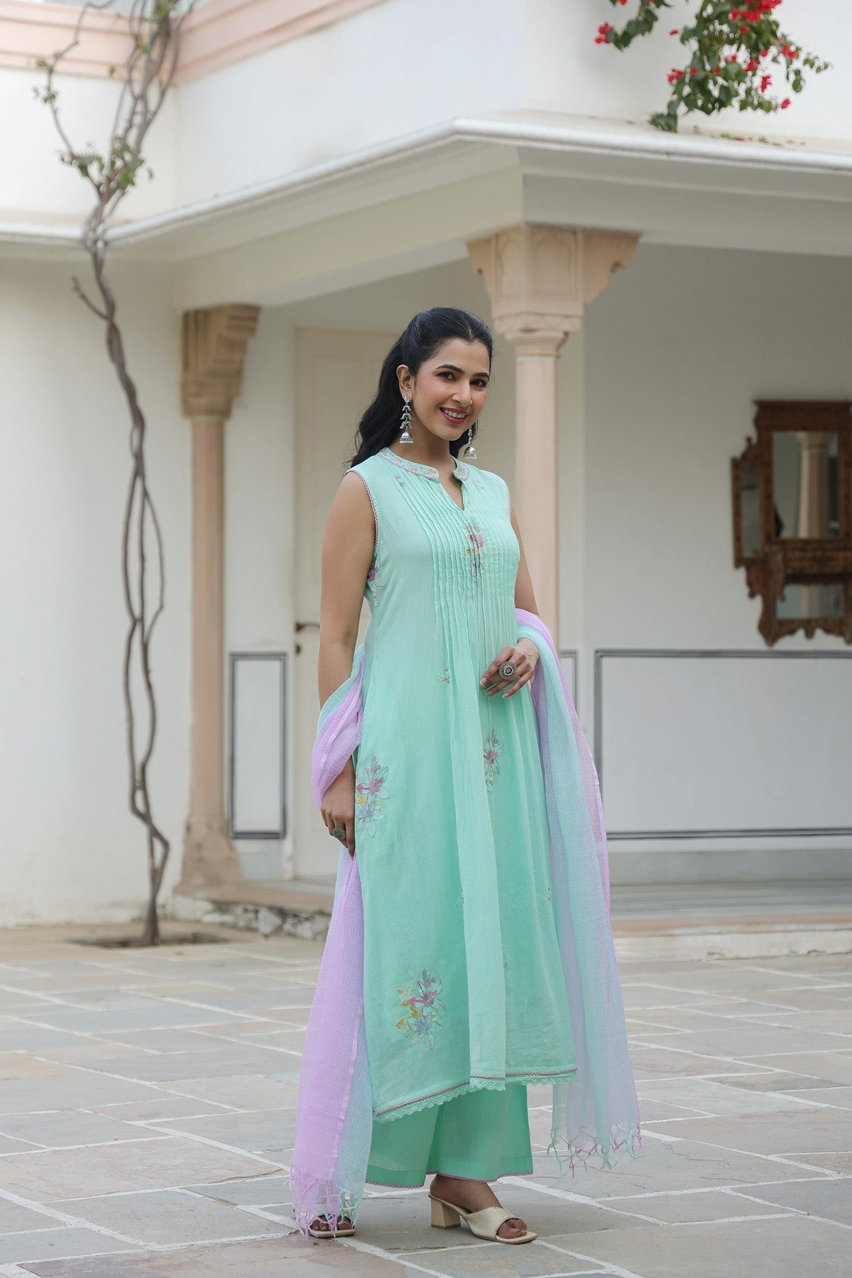 Mint Green Mul Mul Embroidered Anarkali Suit Set With Dupatta