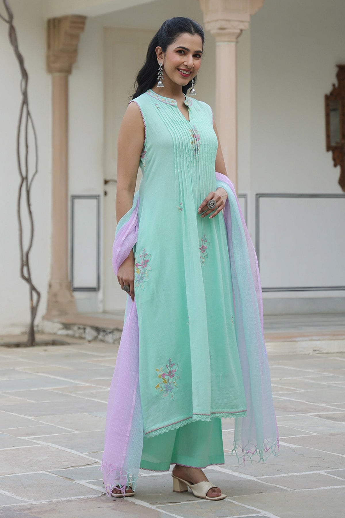 Mint Green Mul Mul Embroidered Anarkali Suit Set With Dupatta