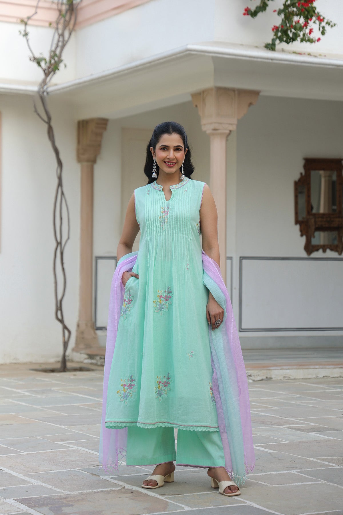 Mint Green Mul Mul Embroidered Anarkali Suit Set With Dupatta