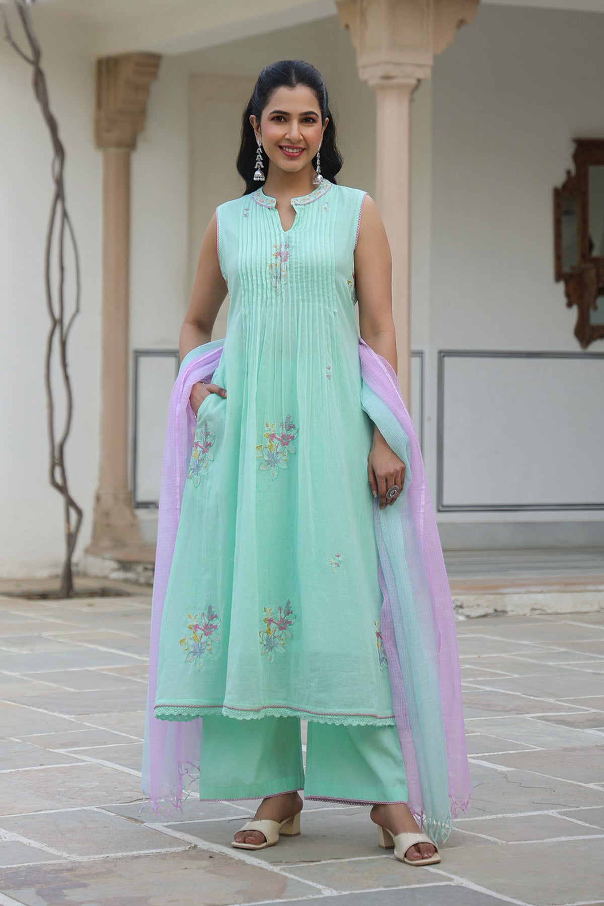 Mint Green Mul Mul Embroidered Anarkali Suit Set With Dupatta