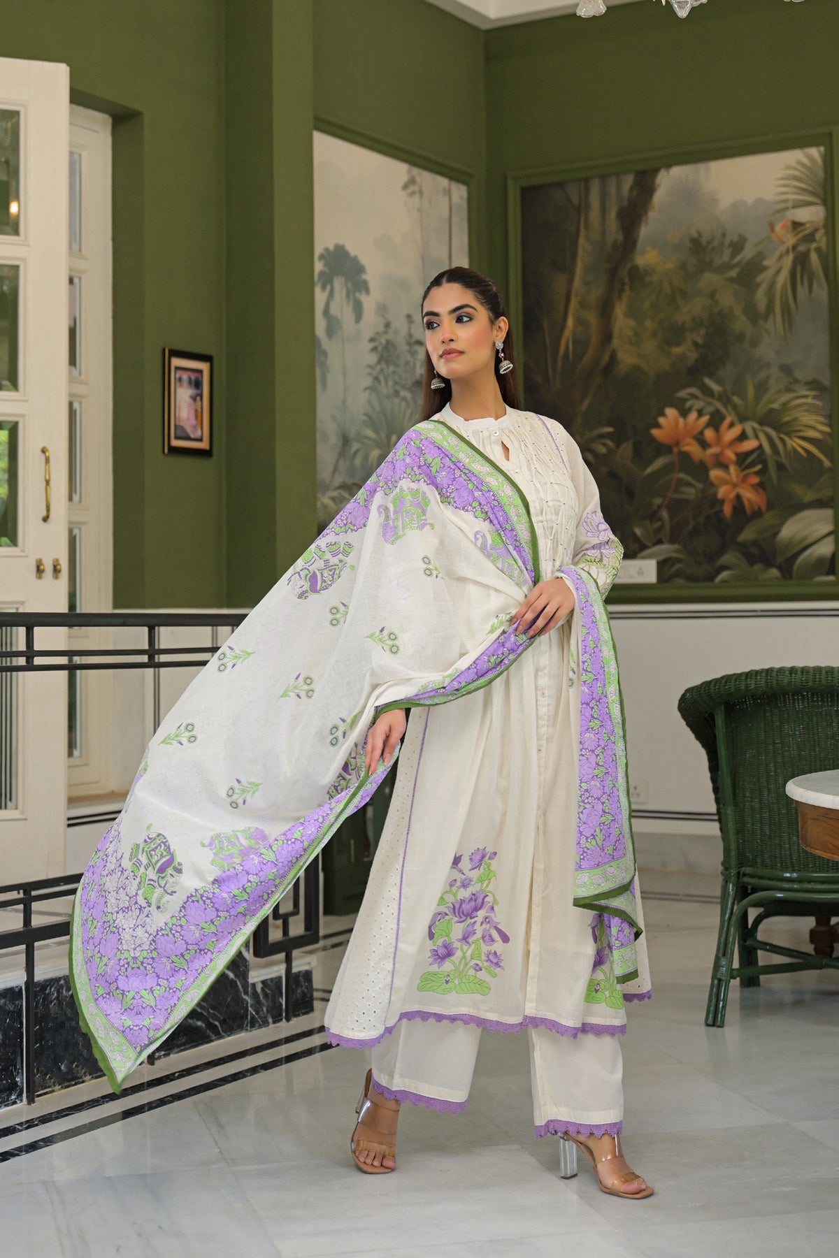 Purple Mul Mul Embroidered Anarkali Suit Set With Dupatta