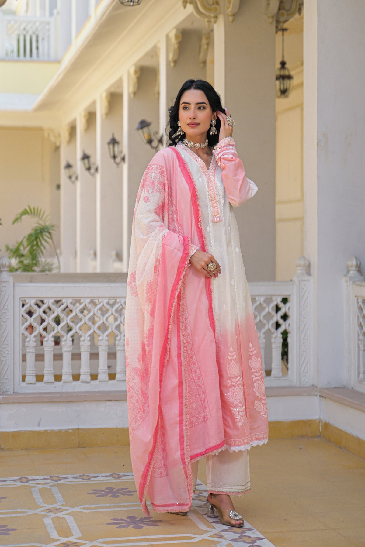Pink Mul Mul Embroidered Anarkali Suit Set With Dupatta