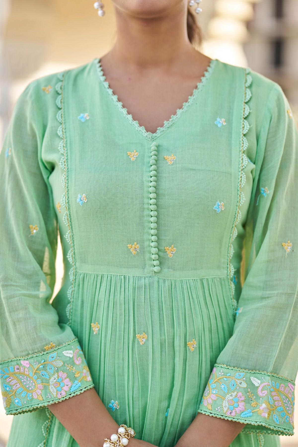 Green Mul Mul Embroidered Anarkali Suit Set With Dupatta