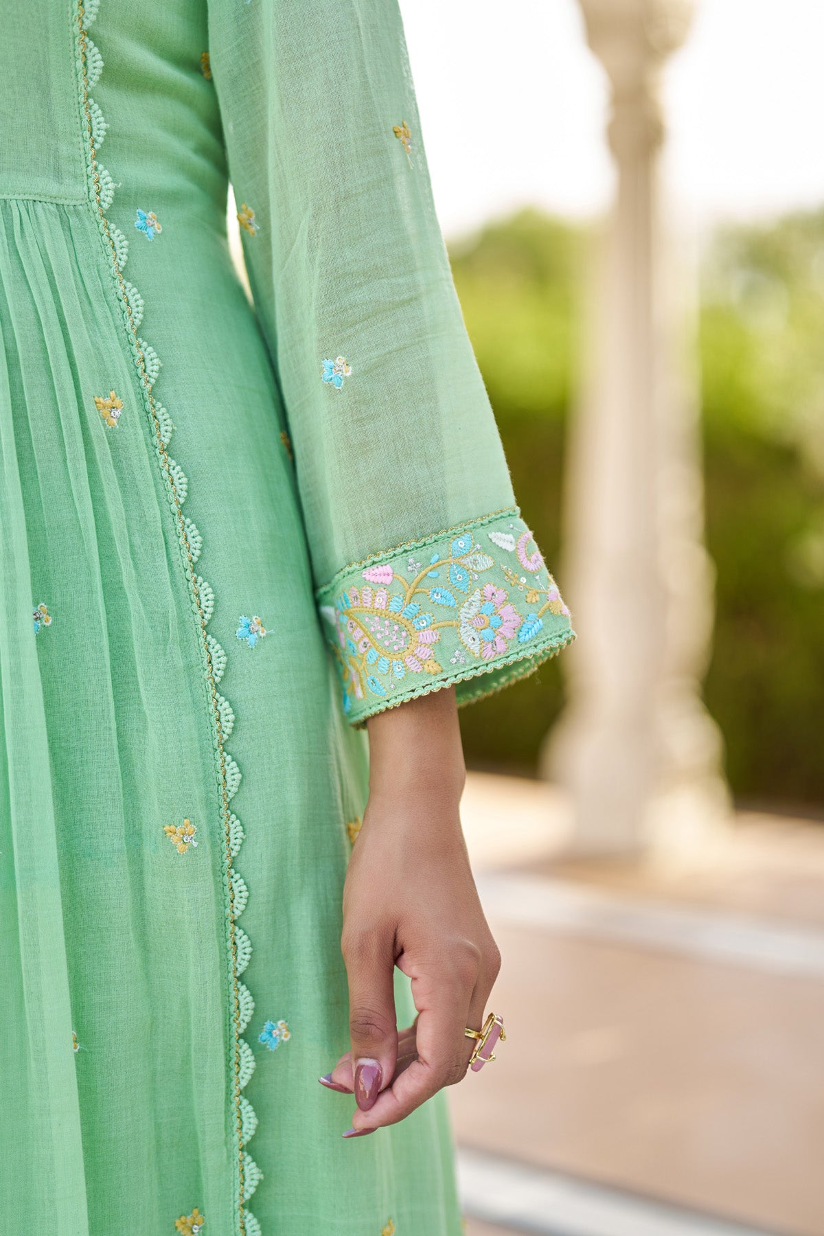 Green Mul Mul Embroidered Anarkali Suit Set With Dupatta
