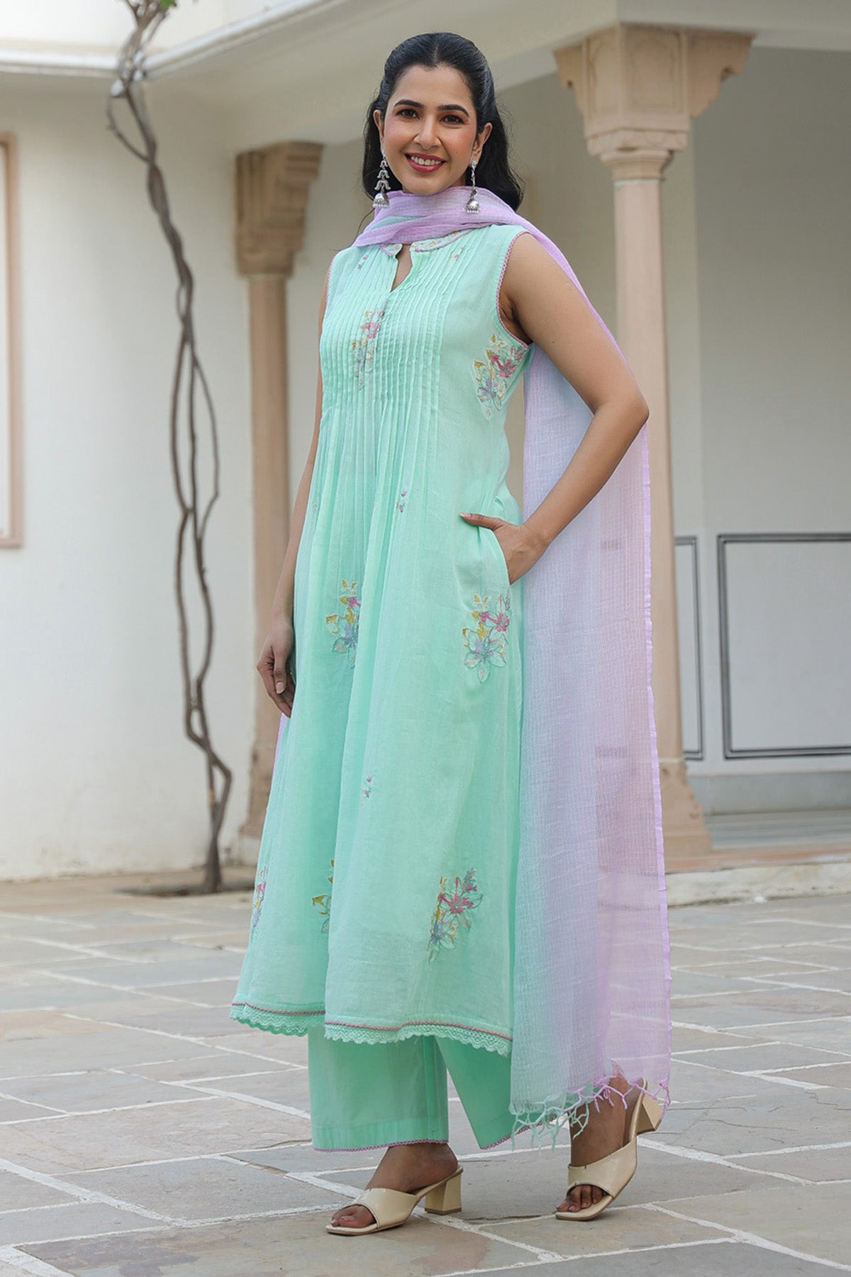 Mint Green Mul Mul Embroidered Anarkali Suit Set With Dupatta