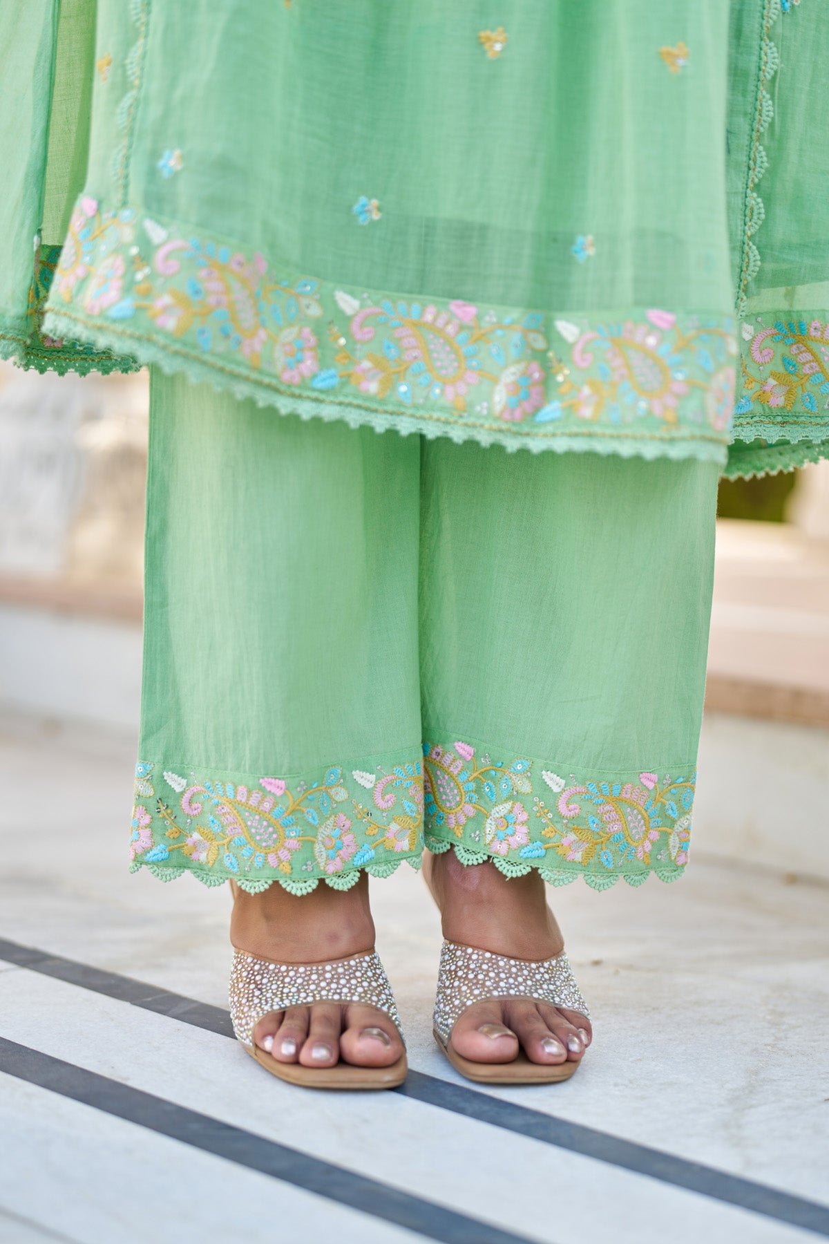 Green Mul Mul Embroidered Anarkali Suit Set With Dupatta