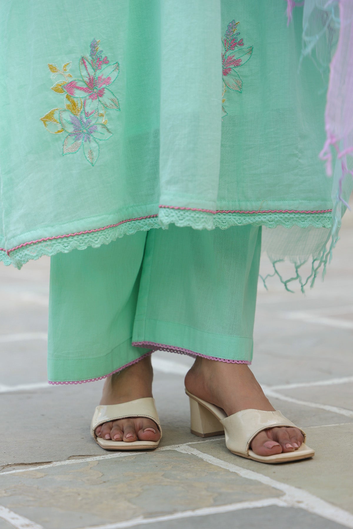 Mint Green Mul Mul Embroidered Anarkali Suit Set With Dupatta