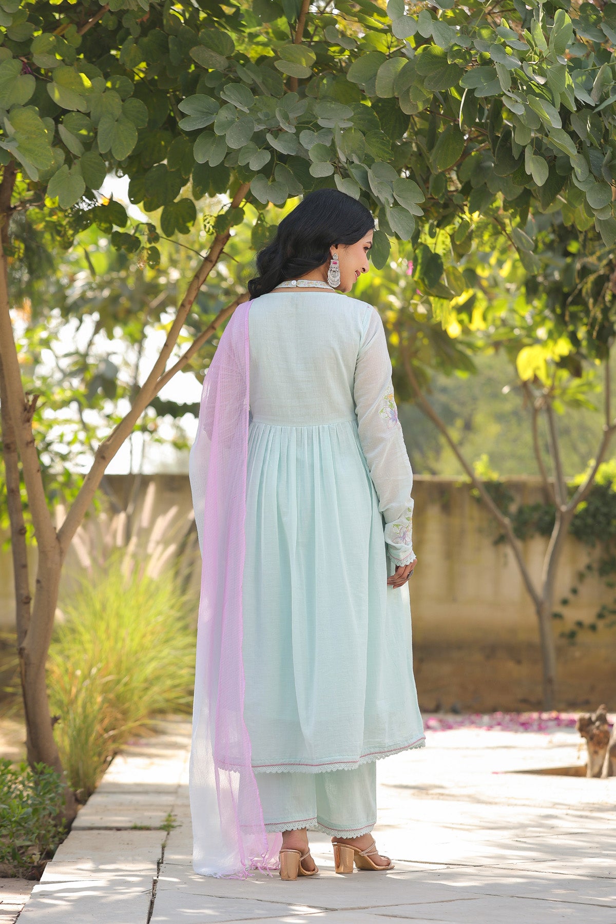 Sky Blue Mul Mul Embroidered Anarkali Suit Set With Dupatta