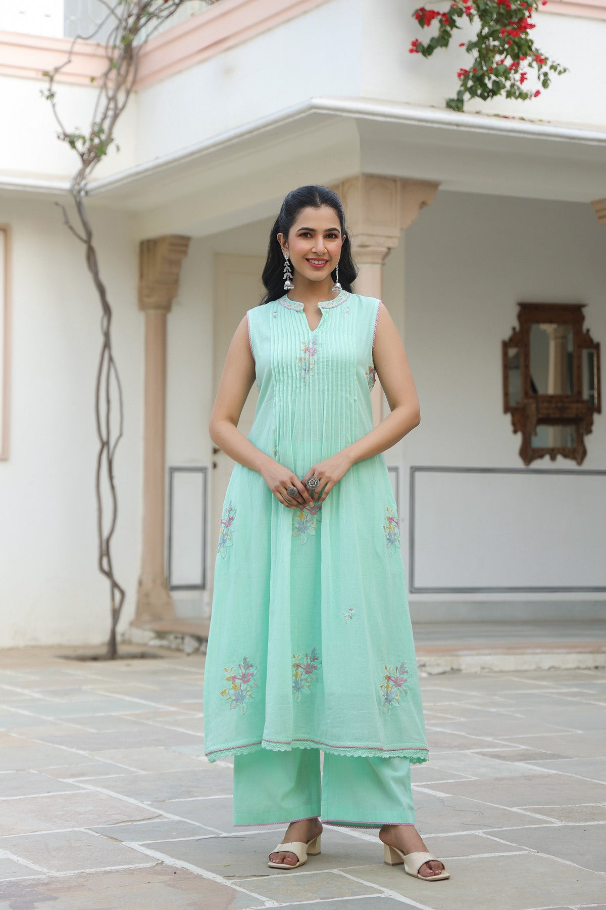 Mint Green Mul Mul Embroidered Anarkali Suit Set With Dupatta