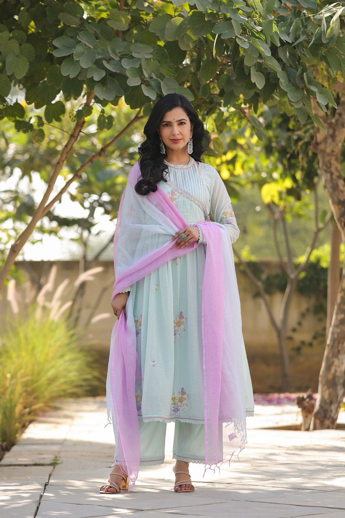 Sky Blue Mul Mul Embroidered Anarkali Suit Set With Dupatta