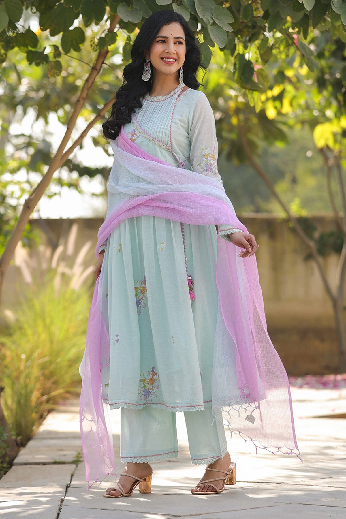 Sky Blue Mul Mul Embroidered Anarkali Suit Set With Dupatta